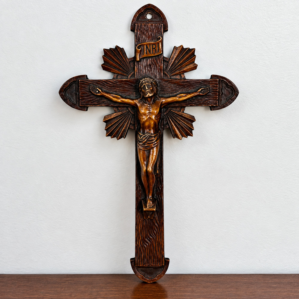 Vintage Carved Wood Crucifix Jesus Corpus INRI Catholic Cross Radiant Halo